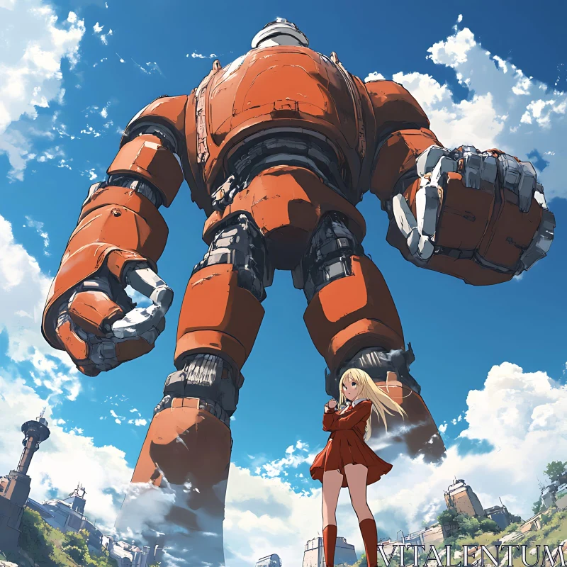 Red Mecha and Anime Character Beneath Clear Sky AI Image