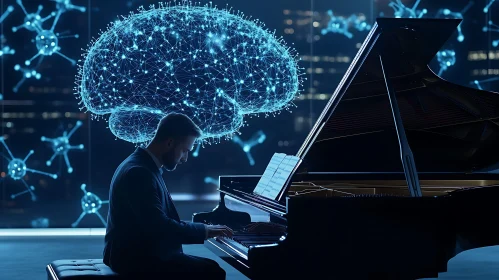 Piano Player with Brain Graphic