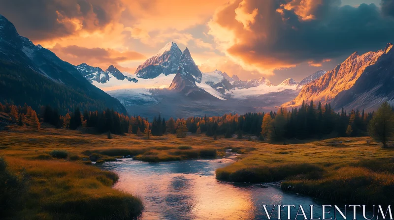 Snowy Mountain Range at Sunset AI Image