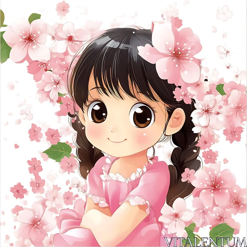 Cute Anime Girl Amidst Blossom Flowers AI Image