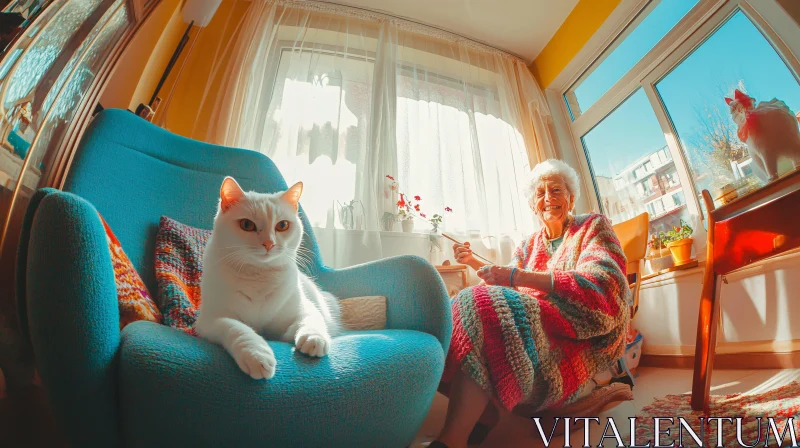 AI ART Warm Interior with Cat and Smiling Elderly Woman