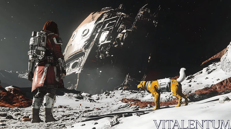 Space Explorer with Robot Dog Near Crashed Spaceship AI Image