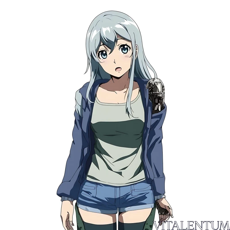 Cyborg Anime Girl with Light Blue Hair and Casual Outfit AI Image