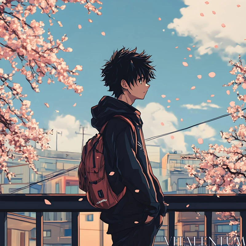 Anime Scene with Blossoms and City AI Image