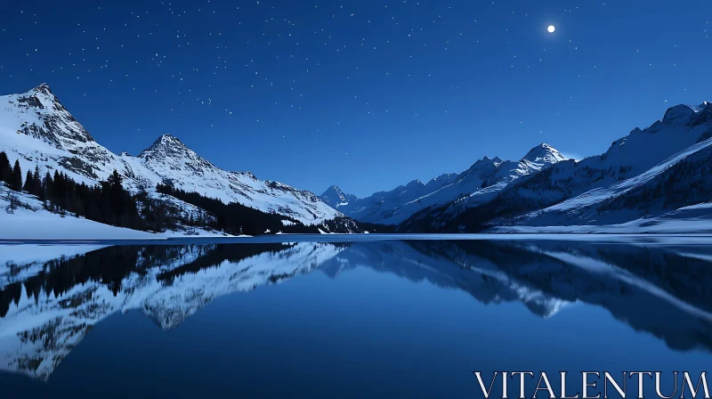 Snowy Mountains Reflected in Night Lake AI Image