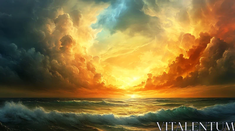 AI ART Seascape at sunset with golden clouds