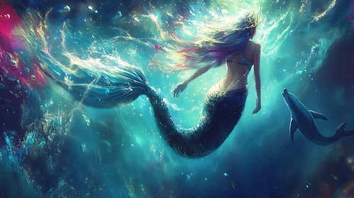 Mystical Mermaid's Aquatic Dance with Dolphin