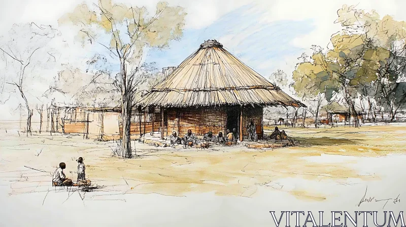 Traditional Village Hut: An Artistic Architectural Sketch AI Image