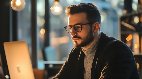 Focused Man with Glasses and Laptop