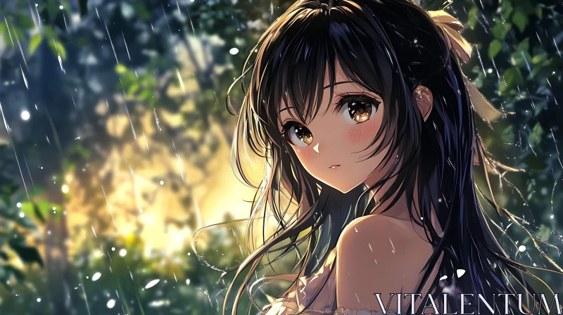 AI ART Anime Girl in the Rainy Night Forest