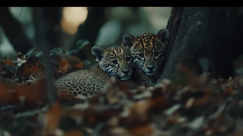 Jaguar Cubs Portrait in Autumn Leaves