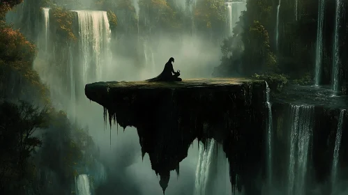 Zen Meditation on Cliff Edge, Waterfall Scenery