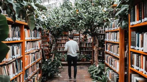 Man in Book-Filled Room with Plants