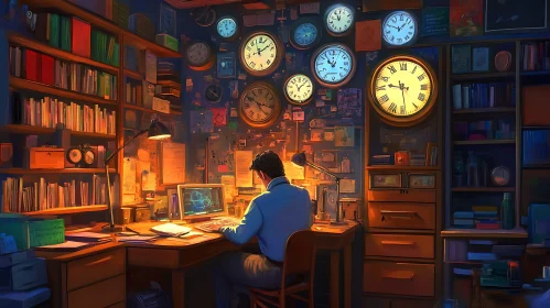 Man Working in Clock-Filled Study