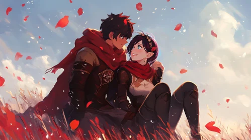 Anime Couple with Red Scarves Surrounded by Petals