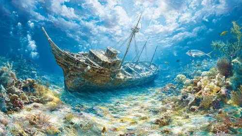 Ocean's Sunken Treasure Ship Illustration