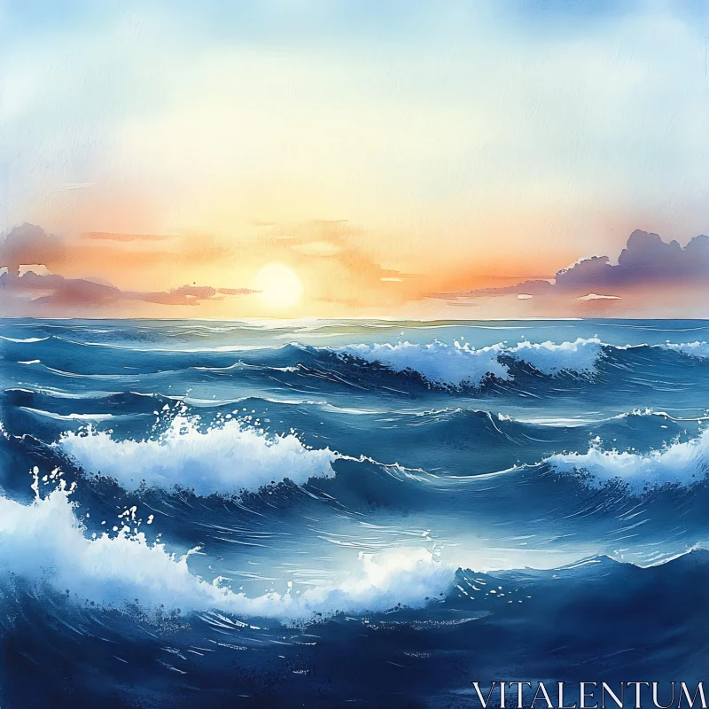 AI ART Watercolor Seascape with Rolling Waves