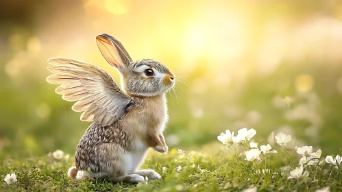 Winged Hare in Floral Field