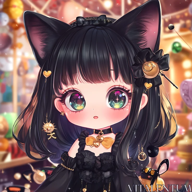 Chibi Catgirl in Festive Attire AI Image