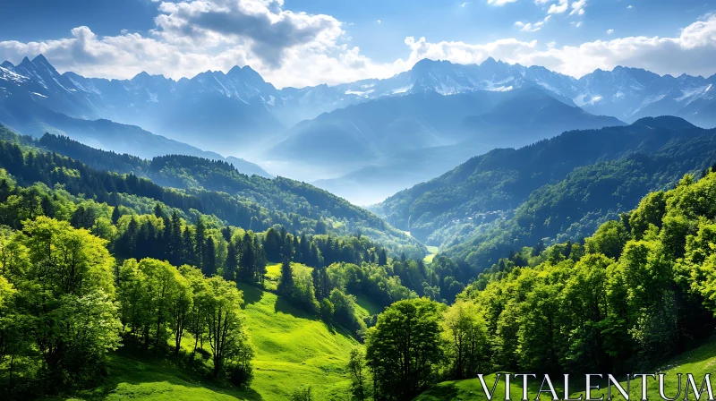 Lush Green Valley with Mountain Backdrop AI Image