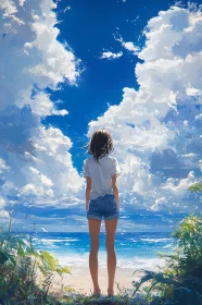 Girl on Beach Looking at Ocean Art