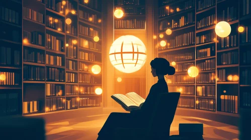 Woman Reading Book in Library
