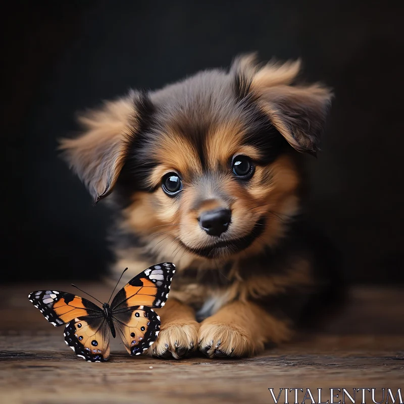 Charming Puppy and Butterfly Moment AI Image