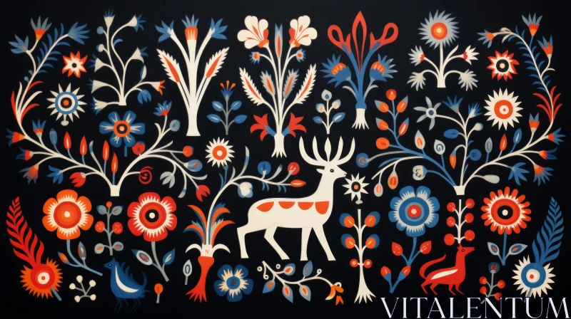 Abstract Folk Art Illustration: A Nostalgic Blend of Murals and Wildlife AI Image