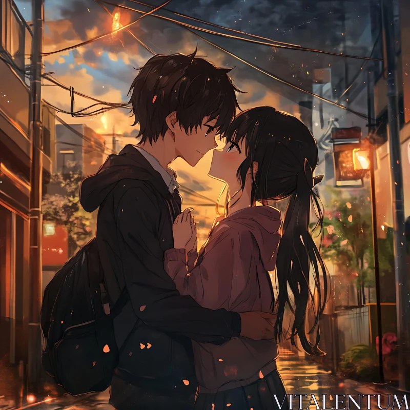 AI ART Anime Love in the Rain at Sunset