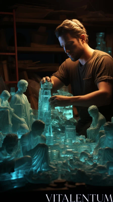 Artistic Ice Sculpture Carving in Soft Aquamarine Glow AI Image