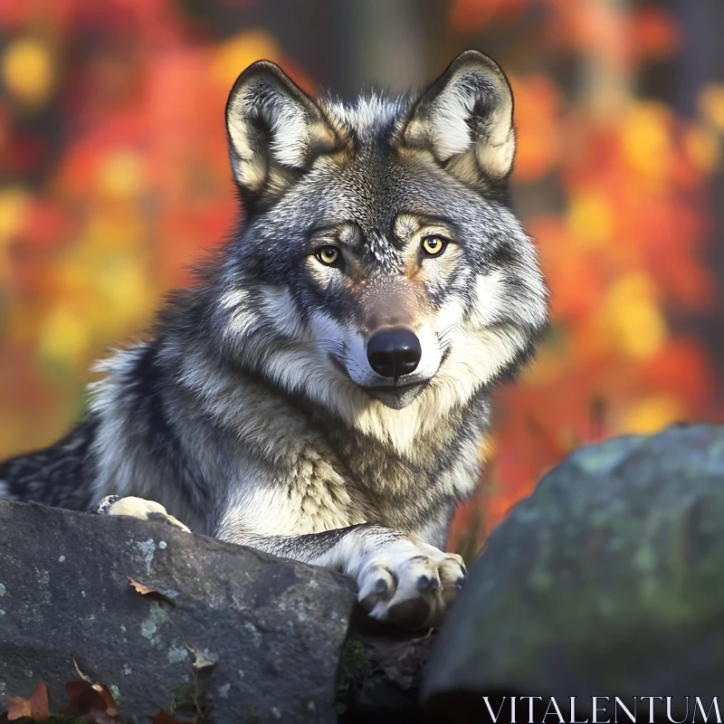 Grey Wolf Resting on Rocks AI Image