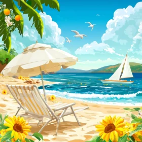 Seaside Relaxation with Sunflowers and Sailboat