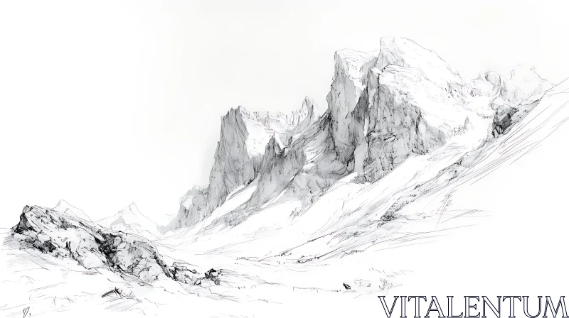 Monochrome Mountain Range Sketch AI Image