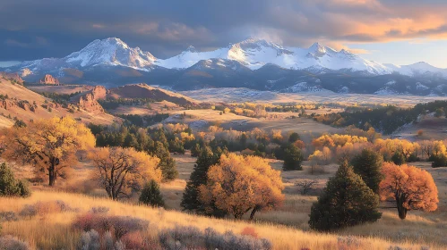 Snowy Peaks and Autumnal Landscape