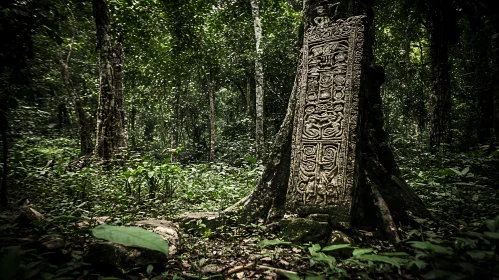 Ancient Stone Carving in Tropical Forest