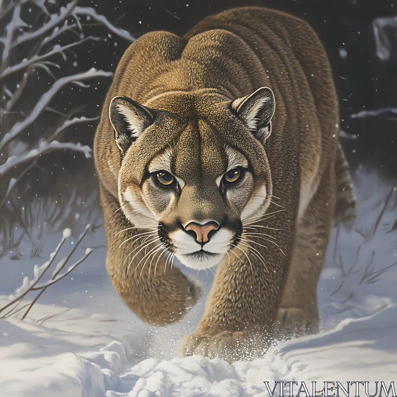 Mountain Lion Portrait in Snowy Woods AI Image