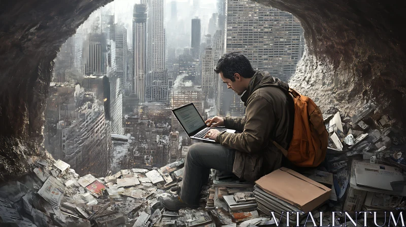 AI ART Man and Laptop in Post-Apocalyptic Cave