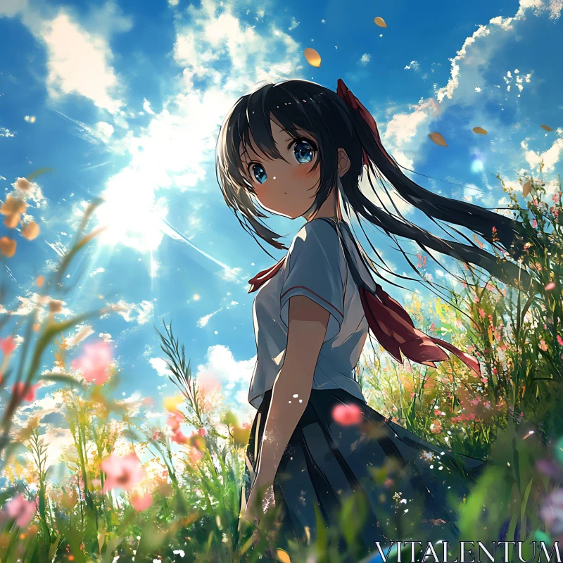 Girl in Field with Bright Blue Sky AI Image