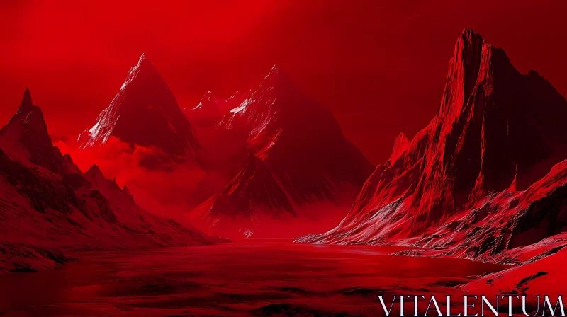 Monochrome Red Mountain Landscape AI Image