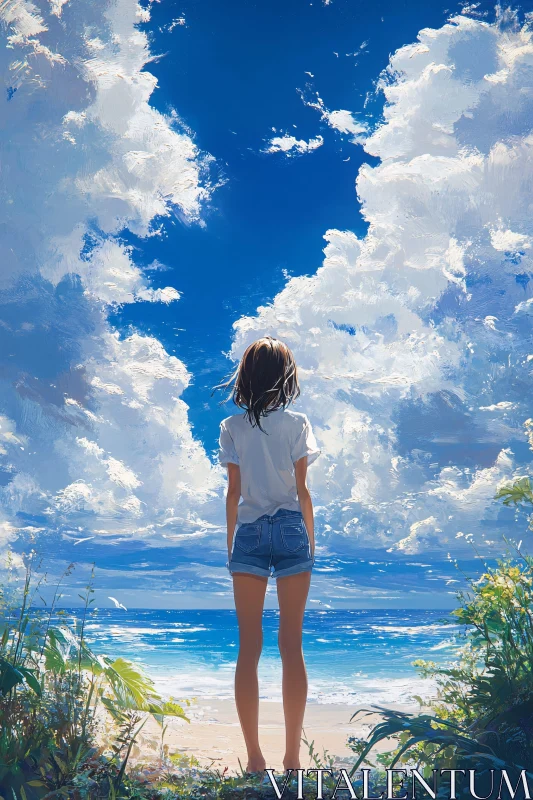 AI ART Girl on Beach Looking at Ocean Art