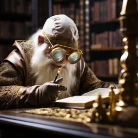 Elderly Wizard Studying an Old Book - A Historical Representation