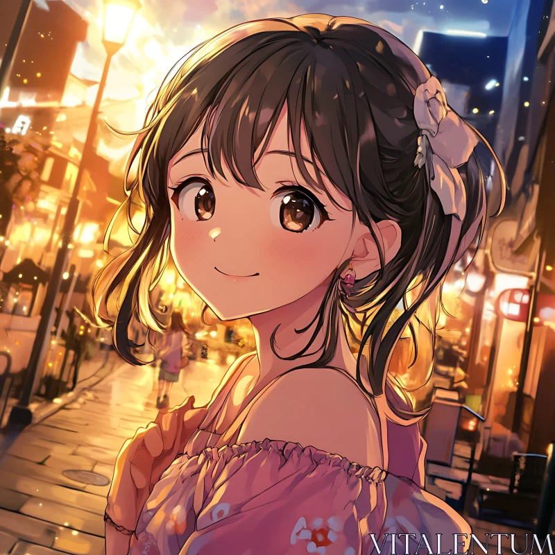 Cheerful Anime Girl in Urban Evening Scene AI Image