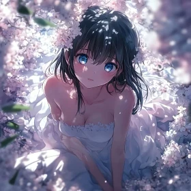 Anime Girl with Blue Eyes Amidst Blossoms