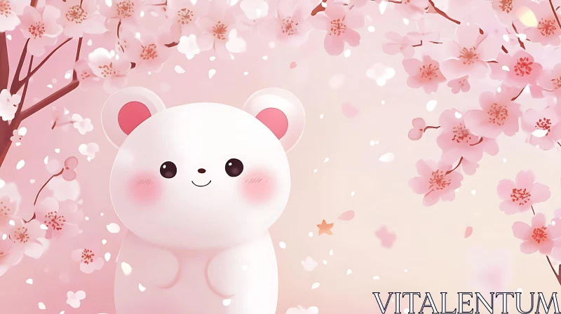 AI ART Adorable Bear Illustration with Pink Blossoms