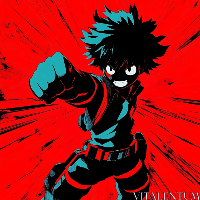 Dynamic Anime Hero in Action Pose with Red Backdrop AI Image