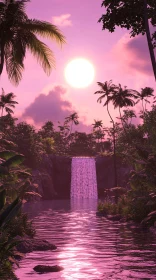 Serene Tropical Waterfall at Sunset