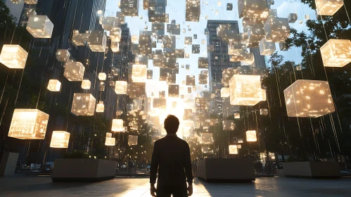 Cityscape with Floating Light Cubes