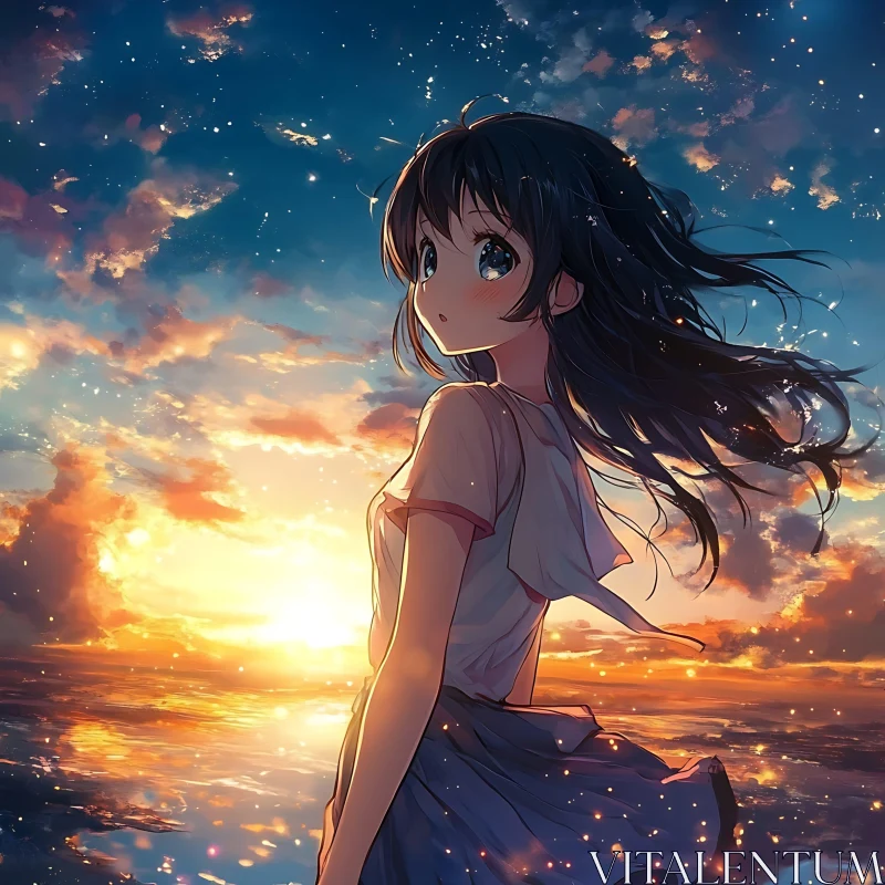 AI ART Anime Girl at the Serene Sunset by the Sea