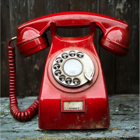 Vintage Red Phone on Rustic Background