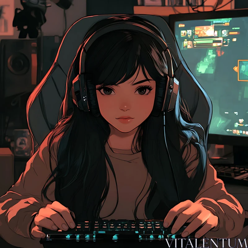 Anime-style Portrait of a Female Gamer AI Image